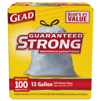 Glad Tall Kitchen Bags, 13 Gal White, 24x28, .95mil, 100/Box