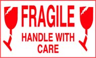 3 x 5 &quot;Fragile Handle With Care&quot; Red/White 500/Rl